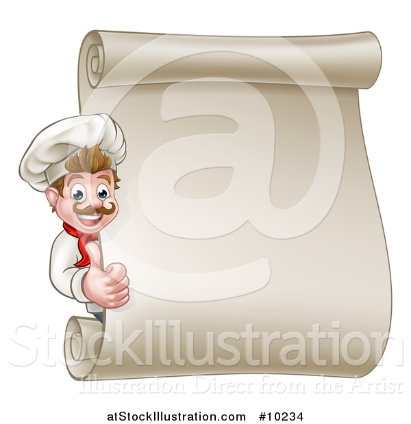 Vector Illustration of a Happy White Male Chef Giving a Thumb up Around a Scroll Menu Board