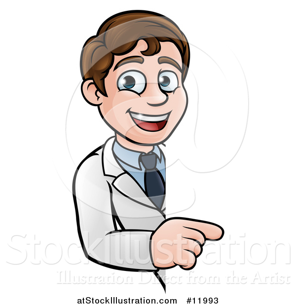 Vector Illustration of a Happy White Male Scientist Pointing Around a Sign