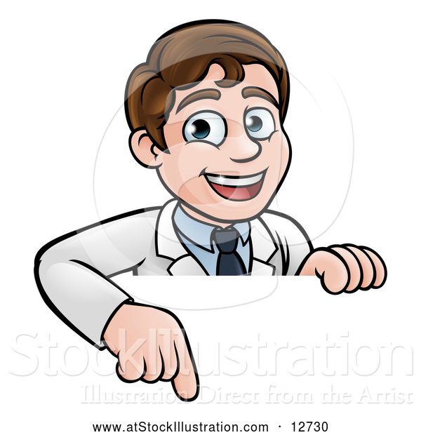 Vector Illustration of a Happy White Male Scientist Pointing down over a Sign