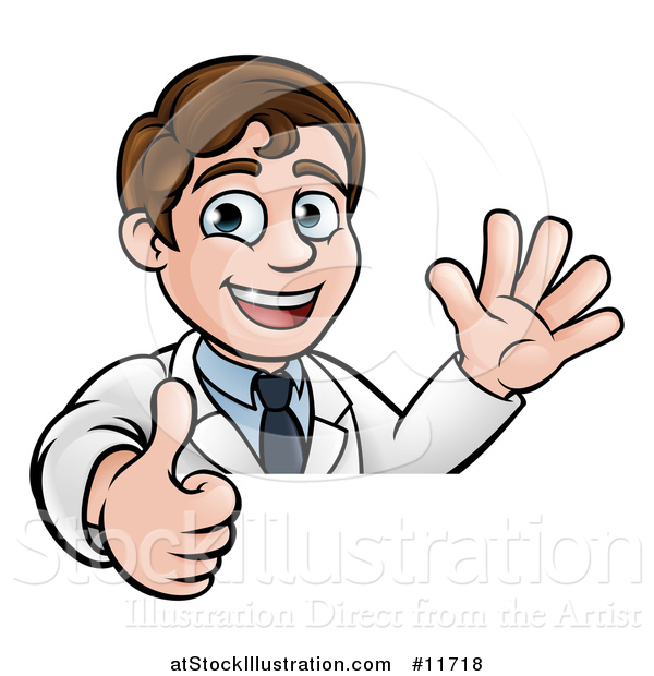 Vector Illustration of a Happy White Male Scientist Waving and Giving a Thumb up over a Sign