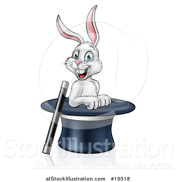 Vector Illustration of a Happy White Rabbit in a Top Hat with a Magic Wand