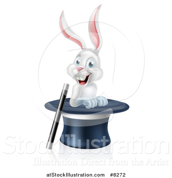 Vector Illustration of a Happy White Rabbit in a Top Hat with a Magic Wand