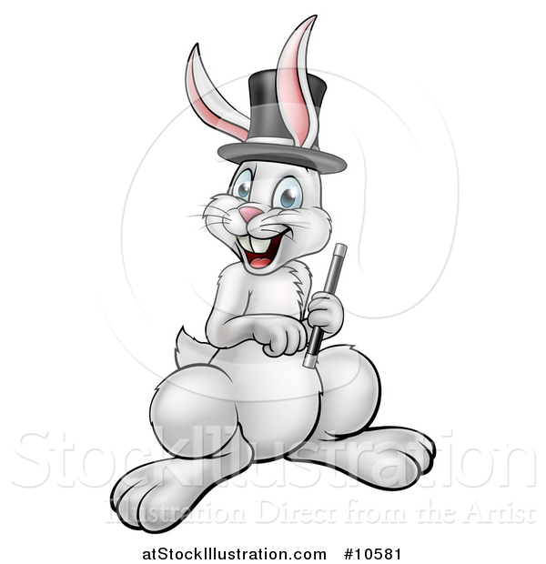 Vector Illustration of a Happy White Rabbit Magcician Wearing a Hat and Holding a Wand