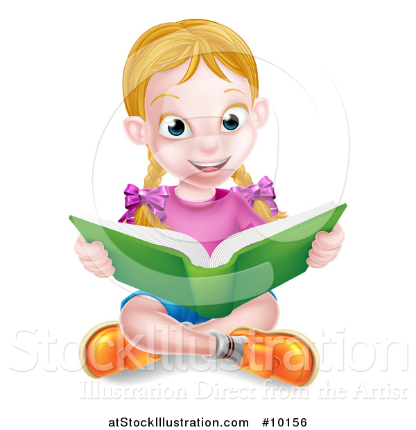 Vector Illustration of a Happy White School Girl Reading a Book on the Floor