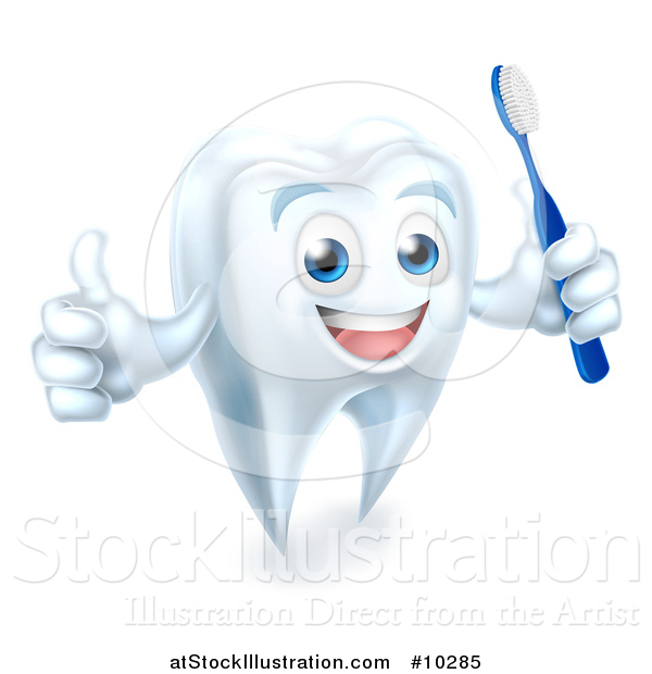 Vector Illustration of a Happy White Tooth Mascot Holding a Toothbrush and Giving a Thumb up