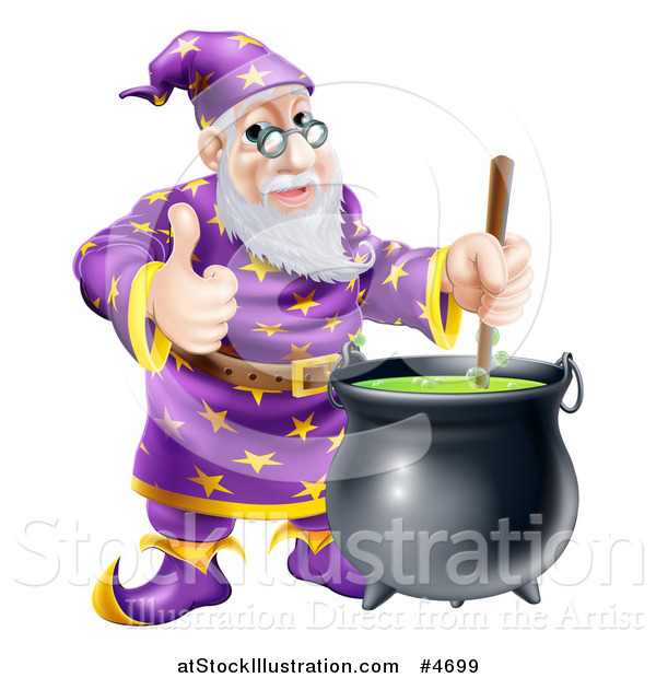 Vector Illustration of a Happy Wizard Holding a Thumb up and Stirring Contents in a Cauldron