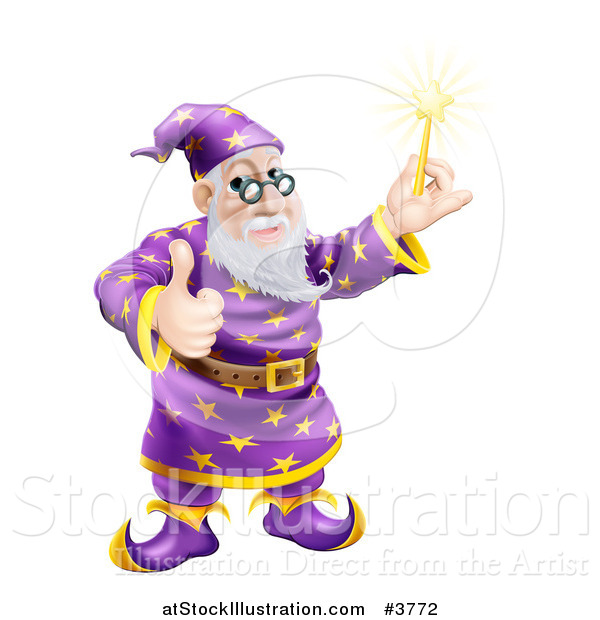 Vector Illustration of a Happy Wizard Holding a Wand and a Thumb up