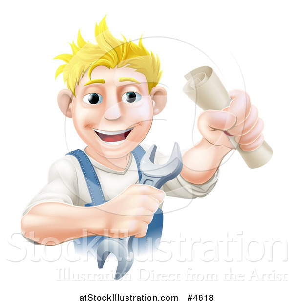 Vector Illustration of a Happy Worker Man Holding a Wrench and Degree