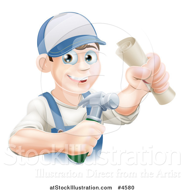 Vector Illustration of a Happy Worker Man Wearing a Hat and Holding a Hammer and Degree