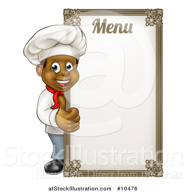 Vector Illustration of a Happy Young Black Male Chef Giving a Thumb up Around a Menu Board