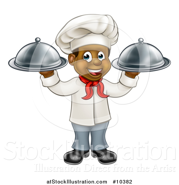 Vector Illustration of a Happy Young Black Male Chef Holding Two Cloche Platters