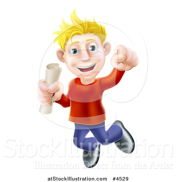 Vector Illustration of a Happy Young Blond Graduate Jumping with a Degree