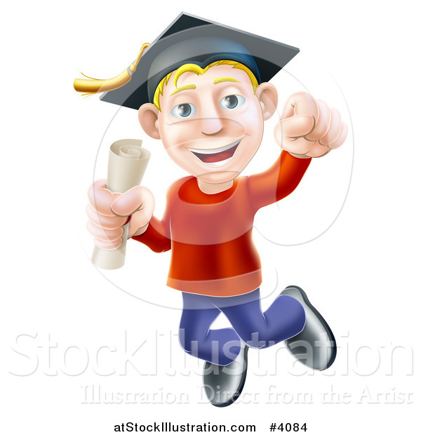 Vector Illustration of a Happy Young Blond Graduate Man Jumping with a Scroll in Hand