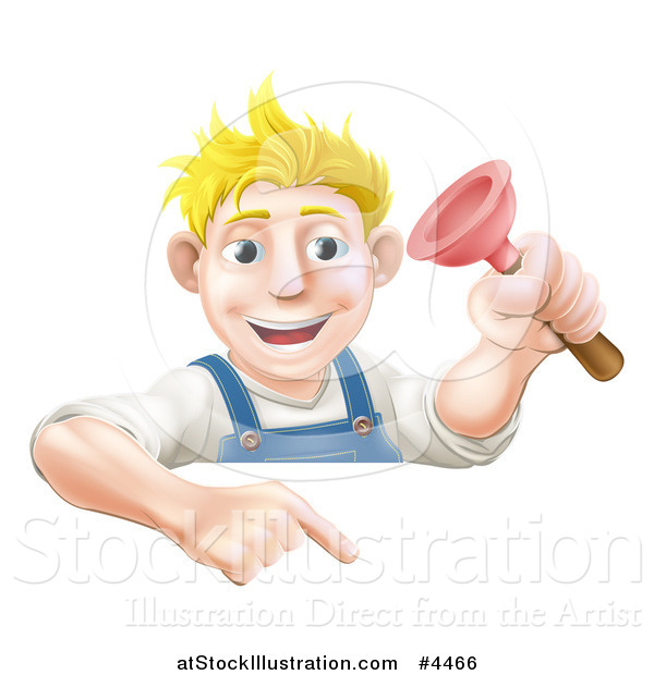 Vector Illustration of a Happy Young Blond Plumber Holding a Plunger and Pointing down at a Sign
