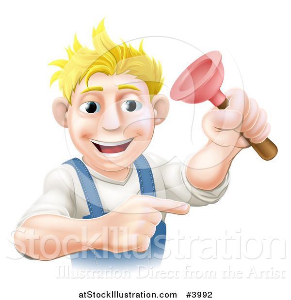 Vector Illustration of a Happy Young Blond Plumber Holding a Plunger