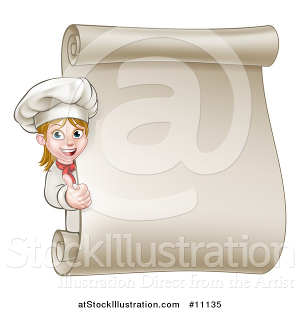 Vector Illustration of a Happy Young Blond White Female Chef Giving a Thumb up Around a Scroll Menu