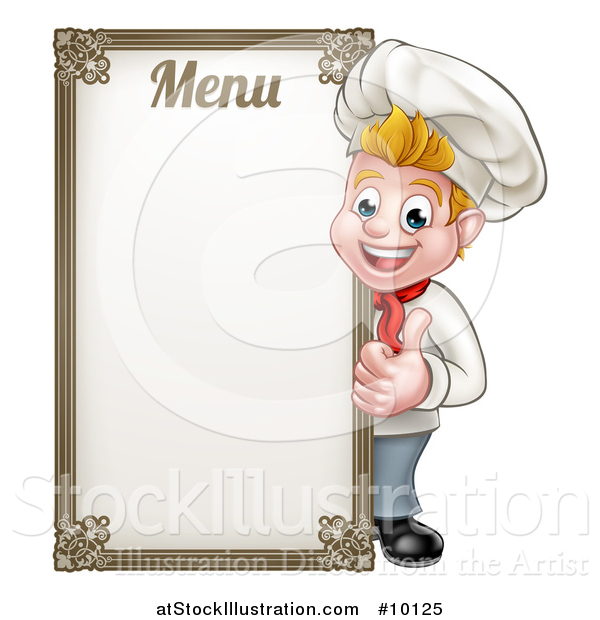 Vector Illustration of a Happy Young Blond White Male Chef Giving a Thumb up Around a Menu Board