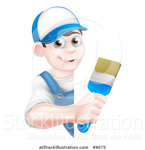 Vector Illustration of a Happy Young Brunette Caucasian Male House Painter Holding a Brush Around a Sign