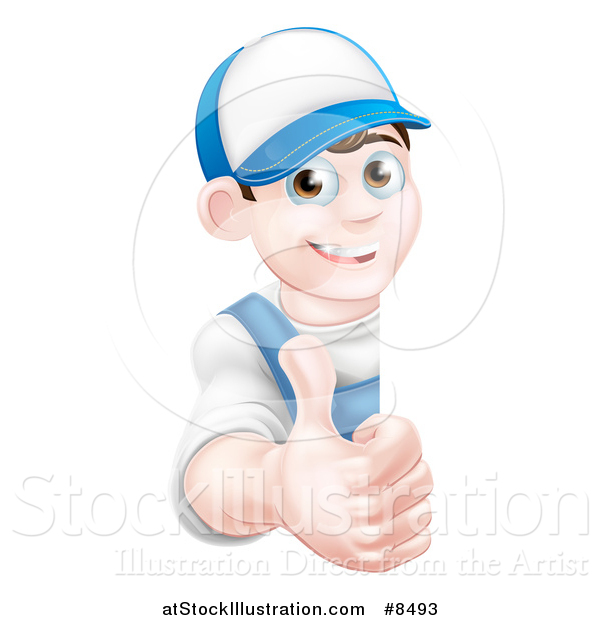 Vector Illustration of a Happy Young Brunette Caucasian Mechanic Man in Blue, Wearing a Baseball Cap, Giving a Thumb up Around a Sign