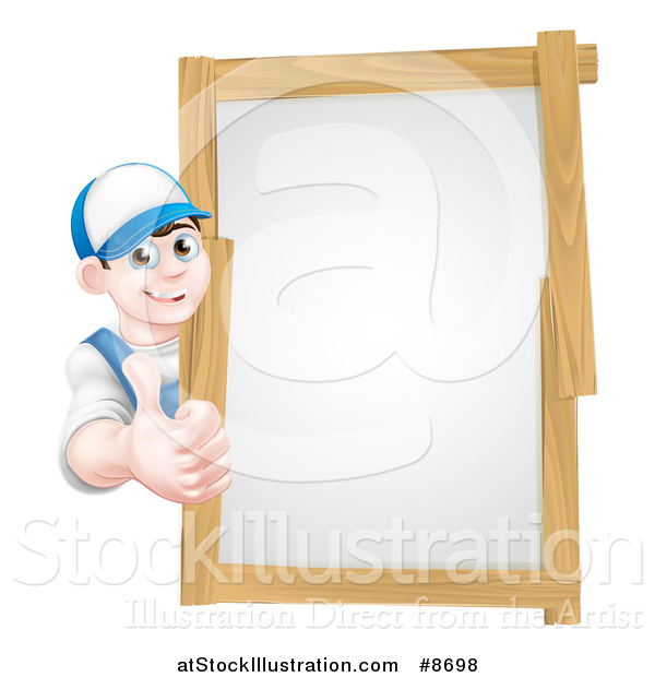 Vector Illustration of a Happy Young Brunette Caucasian Mechanic Man in Blue, Wearing a Baseball Cap, Giving a Thumb up Around a Wood Framed Sign