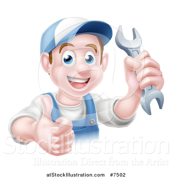 Vector Illustration of a Happy Young Brunette Caucasian Mechanic Man in Blue, Wearing a Baseball Cap, Holding a Wrench and Thumb up