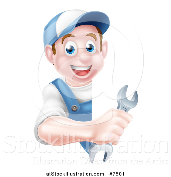 Vector Illustration of a Happy Young Brunette Caucasian Mechanic Man in Blue, Wearing a Baseball Cap, Holding a Wrench Around a Sign