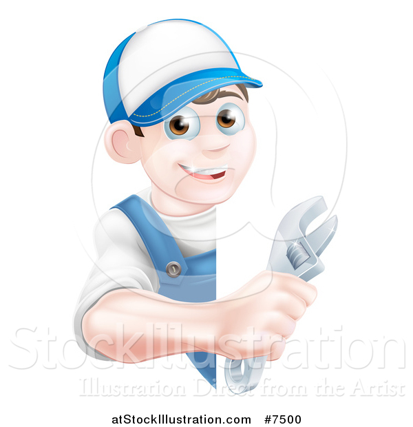 Vector Illustration of a Happy Young Brunette Caucasian Mechanic Man in Blue, Wearing a Baseball Cap, Holding an Adjustable Wrench Around a Sign