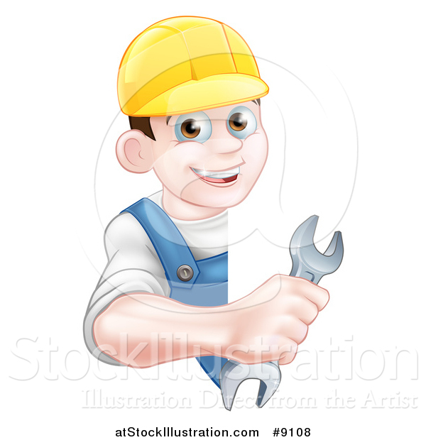 Vector Illustration of a Happy Young Brunette Caucasian Mechanic Man in Blue, Wearing a Baseball Cap, Holding an Adjustable Wrench Around a Sign