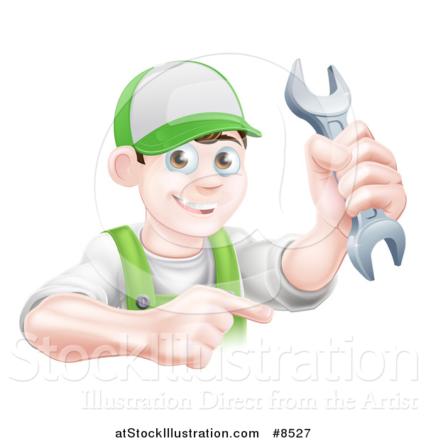 Vector Illustration of a Happy Young Brunette Caucasian Mechanic Man in Green, Wearing a Baseball Cap, Holding a Wrench and Pointing