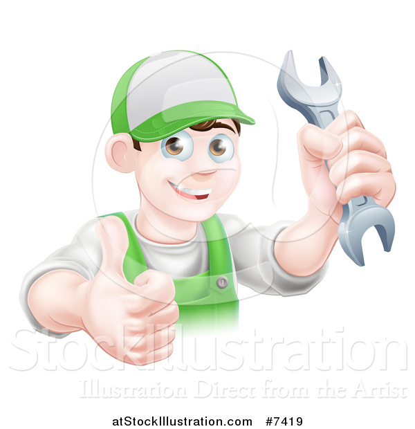 Vector Illustration of a Happy Young Brunette Caucasian Mechanic Man in Green, Wearing a Baseball Cap, Holding a Wrench and Thumb up