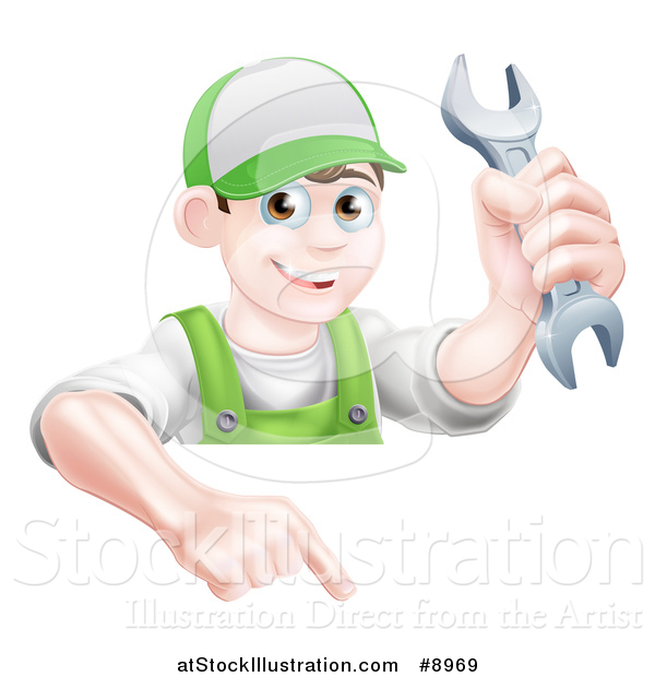 Vector Illustration of a Happy Young Brunette Caucasian Mechanic Man in Green, Wearing a Baseball Cap, Holding a Wrench over a Sign
