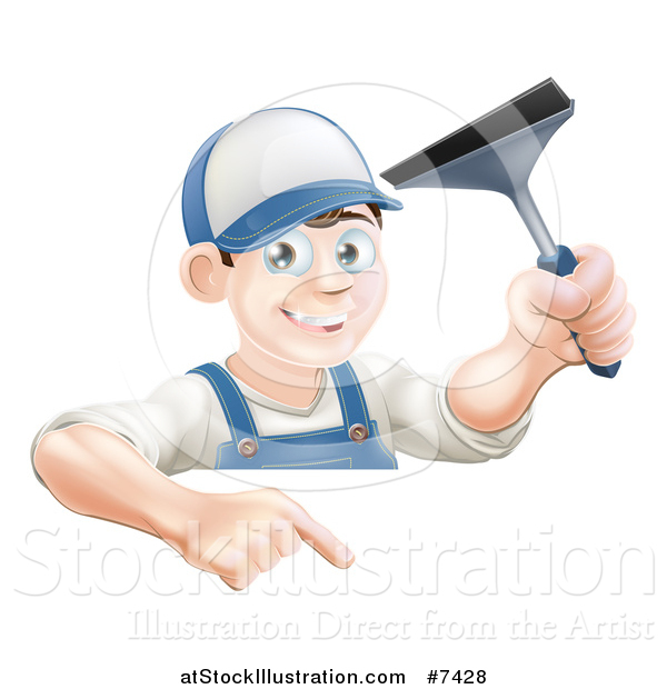 Vector Illustration of a Happy Young Brunette Caucasian Window Cleaner Man Holding a Squeegee and Pointing down over a Sign