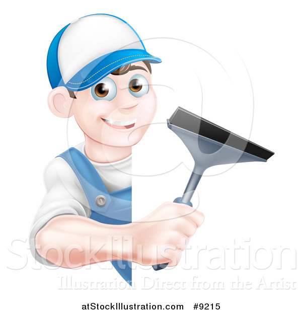 Vector Illustration of a Happy Young Brunette Caucasian Window Cleaner Man in Blue, Holding a Squeegee Around a Sign
