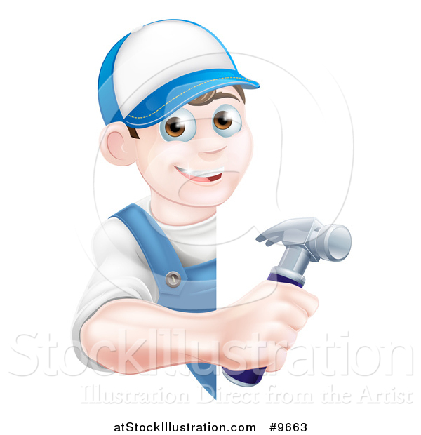 Vector Illustration of a Happy Young Brunette Caucasian Worker Man Holding a Hammer Around a Sign