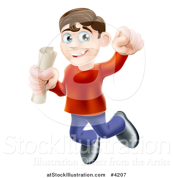 Vector Illustration of a Happy Young Brunette Man Jumping with a Scroll in Hand and Punching the Air
