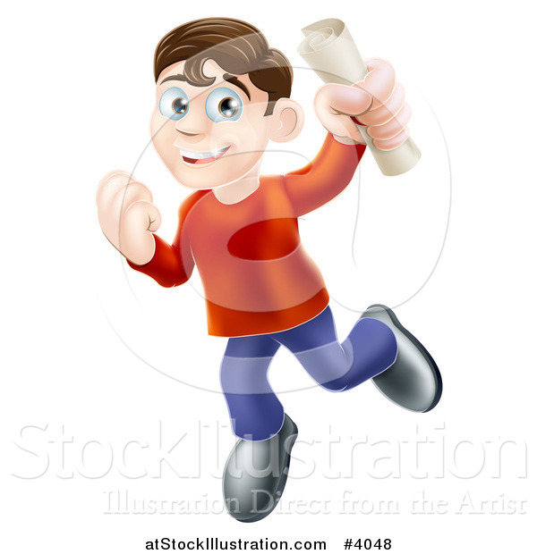 Vector Illustration of a Happy Young Brunette Man Jumping with a Scroll in Hand
