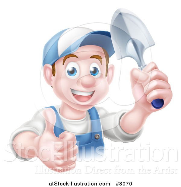 Vector Illustration of a Happy Young Brunette White Male Gardener in Blue, Giving a Thumb up and Holding a Shovel