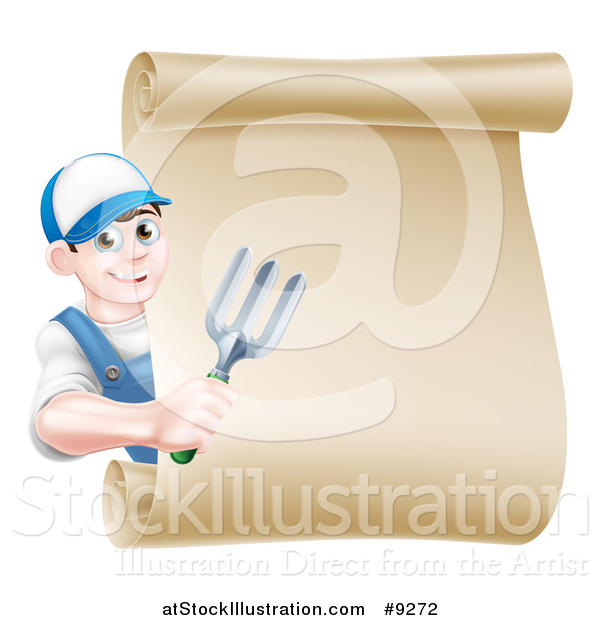 Vector Illustration of a Happy Young Brunette White Male Gardener in Blue, Holding a Garden Fork Around a Scroll Sign