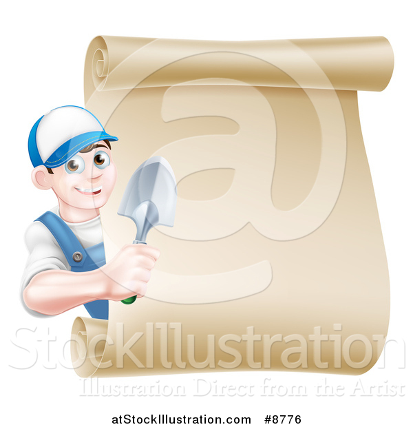 Vector Illustration of a Happy Young Brunette White Male Gardener in Blue, Holding a Hand Spade Shovel Around a Blank Scroll Sign