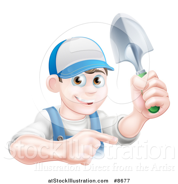 Vector Illustration of a Happy Young Brunette White Male Gardener in Blue, Pointing and Holding a Shovel