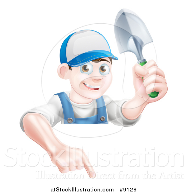 Vector Illustration of a Happy Young Brunette White Male Gardener in Blue, Pointing down over a Sign and Holding a Shovel