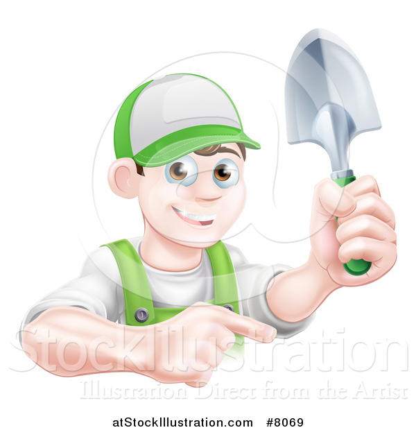 Vector Illustration of a Happy Young Brunette White Male Gardener in Green, Pointing and Holding a Shovel