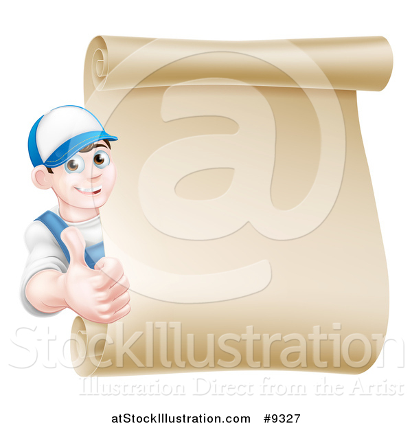 Vector Illustration of a Happy Young Caucasian Mechanic Man in Blue, Giving a Thumb up Around a Blank Scroll Sign