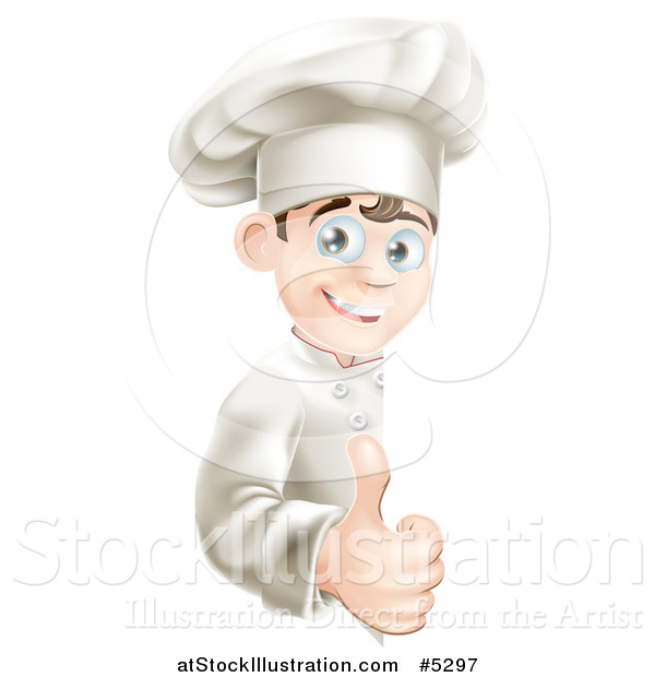 Vector Illustration of a Happy Young Chef Holding a Thumb up Around a Menu or Sign Board