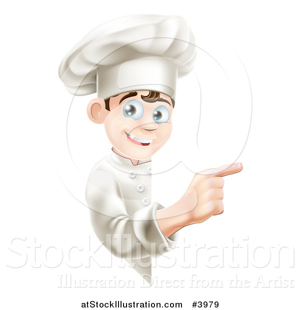 Vector Illustration of a Happy Young Chef Pointing Around a Menu or Sign Board
