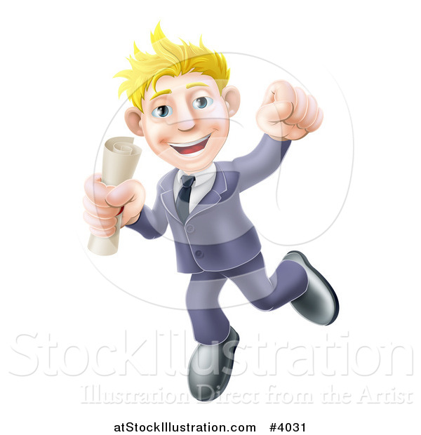 Vector Illustration of a Happy Young Graduate Business Man Jumping and Holding a Diploma