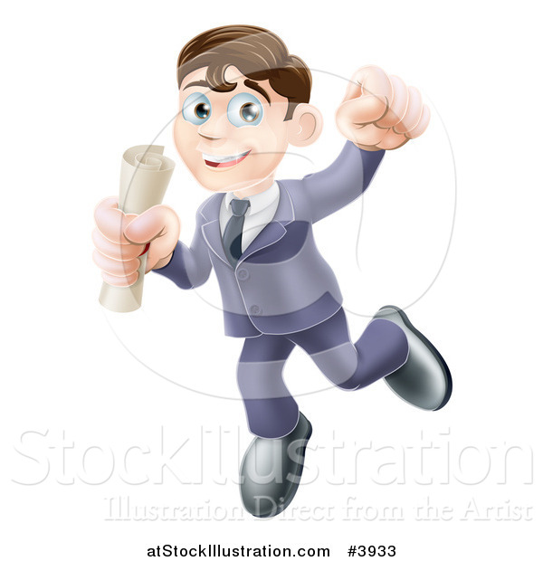 Vector Illustration of a Happy Young Graduate Man Jumping and Holding a Diploma