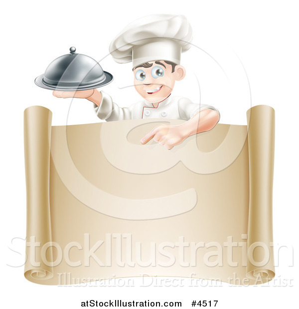 Vector Illustration of a Happy Young Male Chef Holding a Cloche and Pointing down at a Scroll