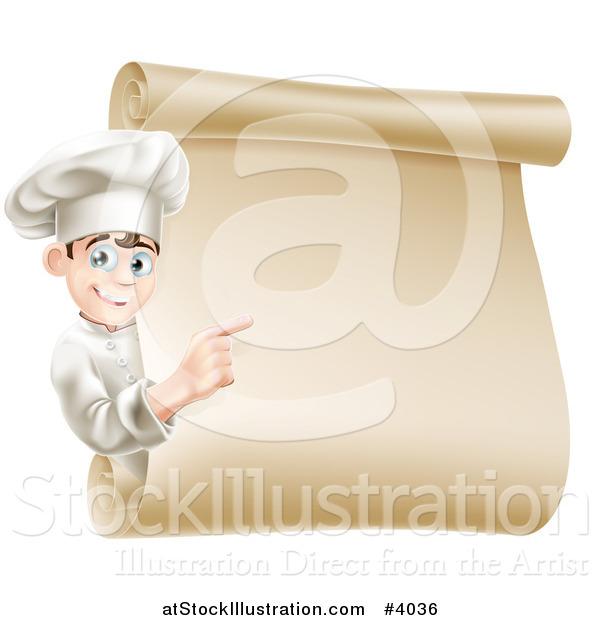 Vector Illustration of a Happy Young Male Chef Pointing to a Scroll Menu Sign