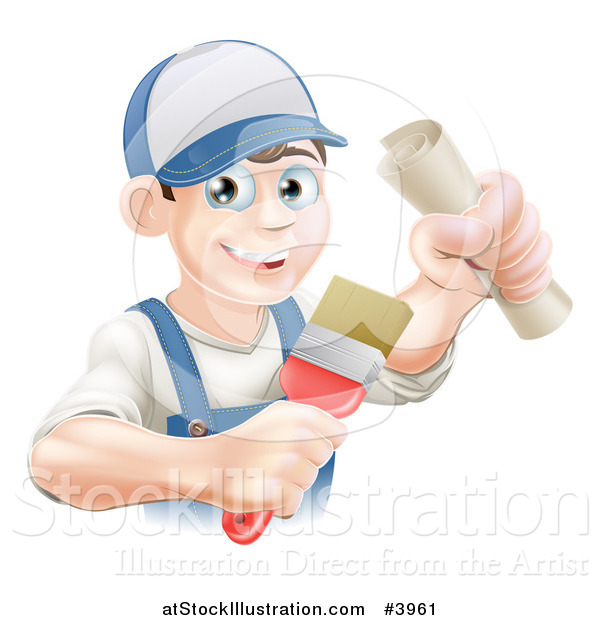 Vector Illustration of a Happy Young Painter Holding a Certificate and Brush